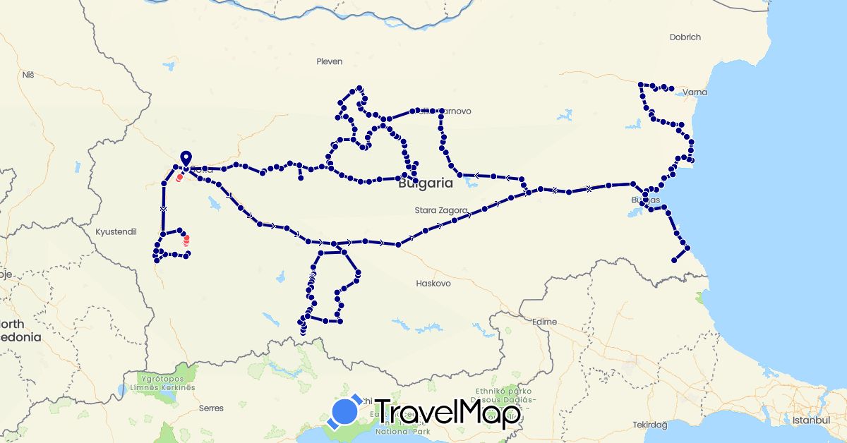 TravelMap itinerary: driving, hiking in Bulgaria (Europe)
